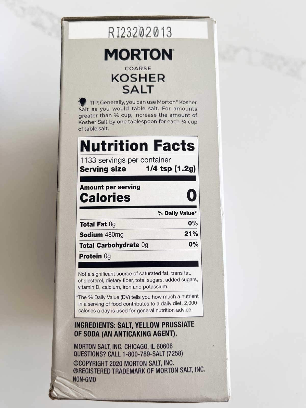 Morton Kosher Salt ingredients. 