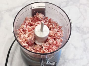 Chopping bacon in food processor.