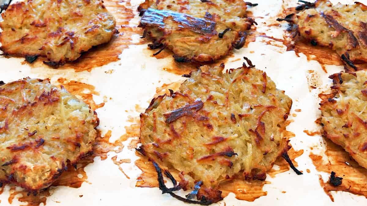 The latkes are ready in the pan.