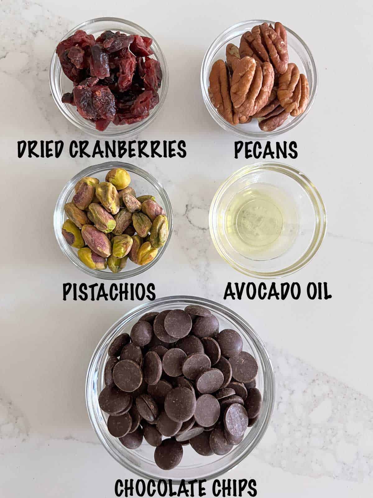 The ingredients needed to make chocolate bark.