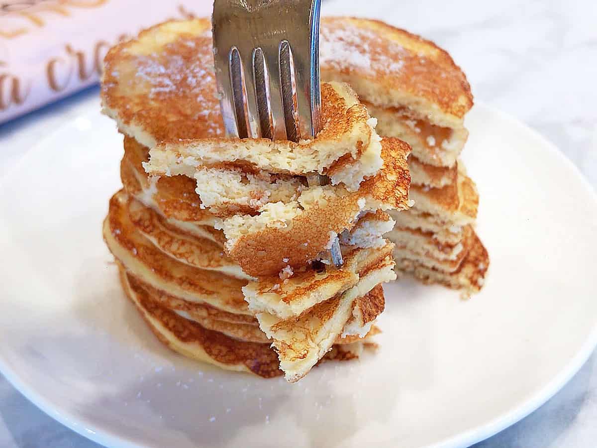 A fork showing the inside of the pancakes.