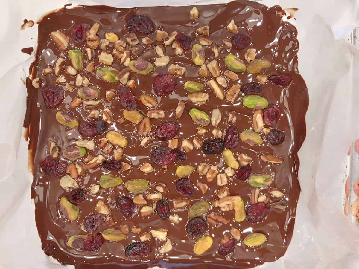 Chocolate bark topped with nuts and dried fruit.