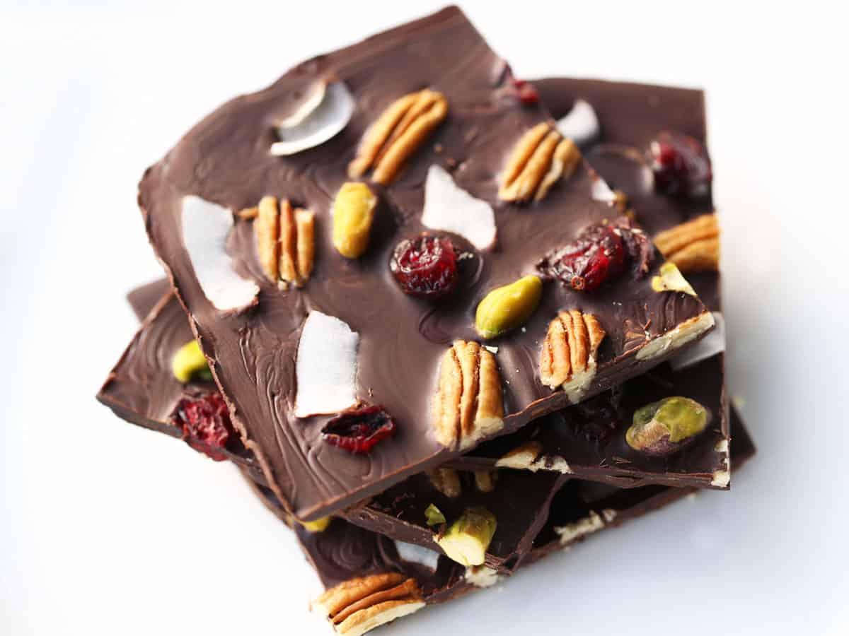Chocolate bark with coconut flakes.