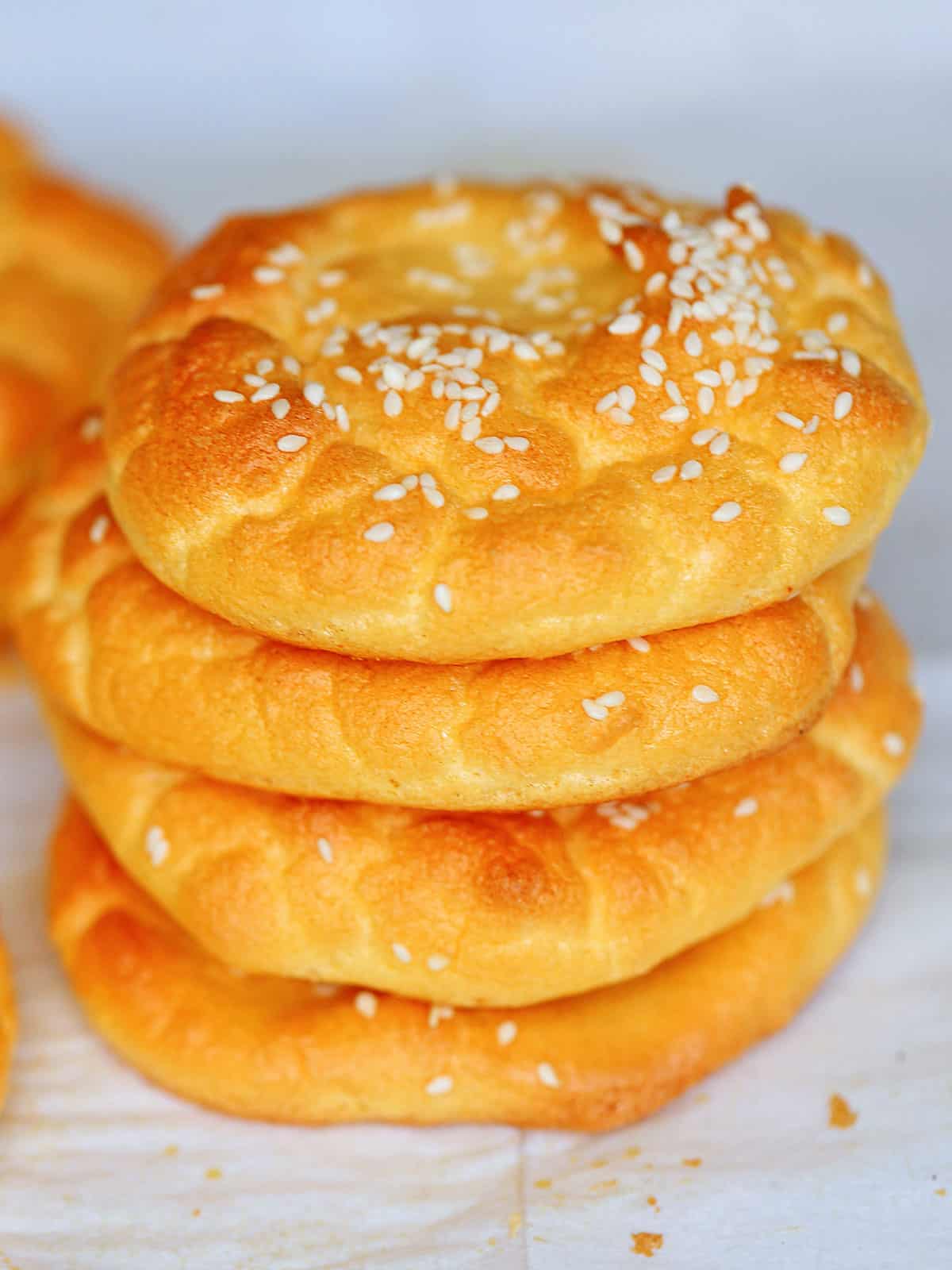 Four pieces of cloud bread, stacked.
