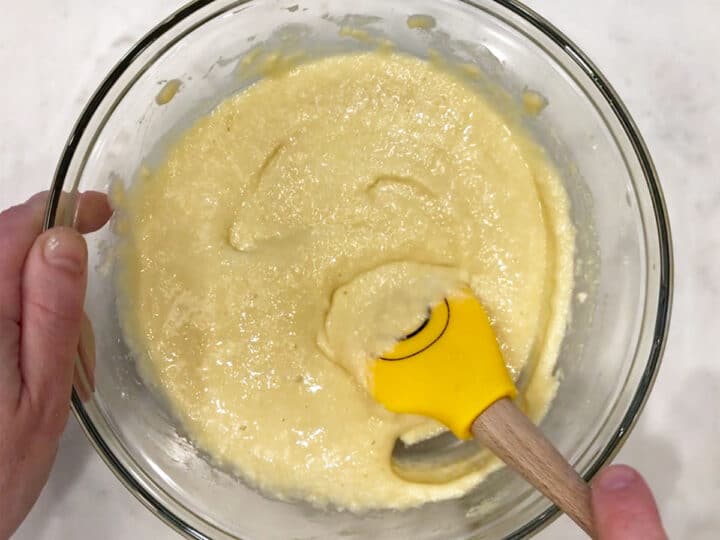 A smooth batter in a mixing bowl.