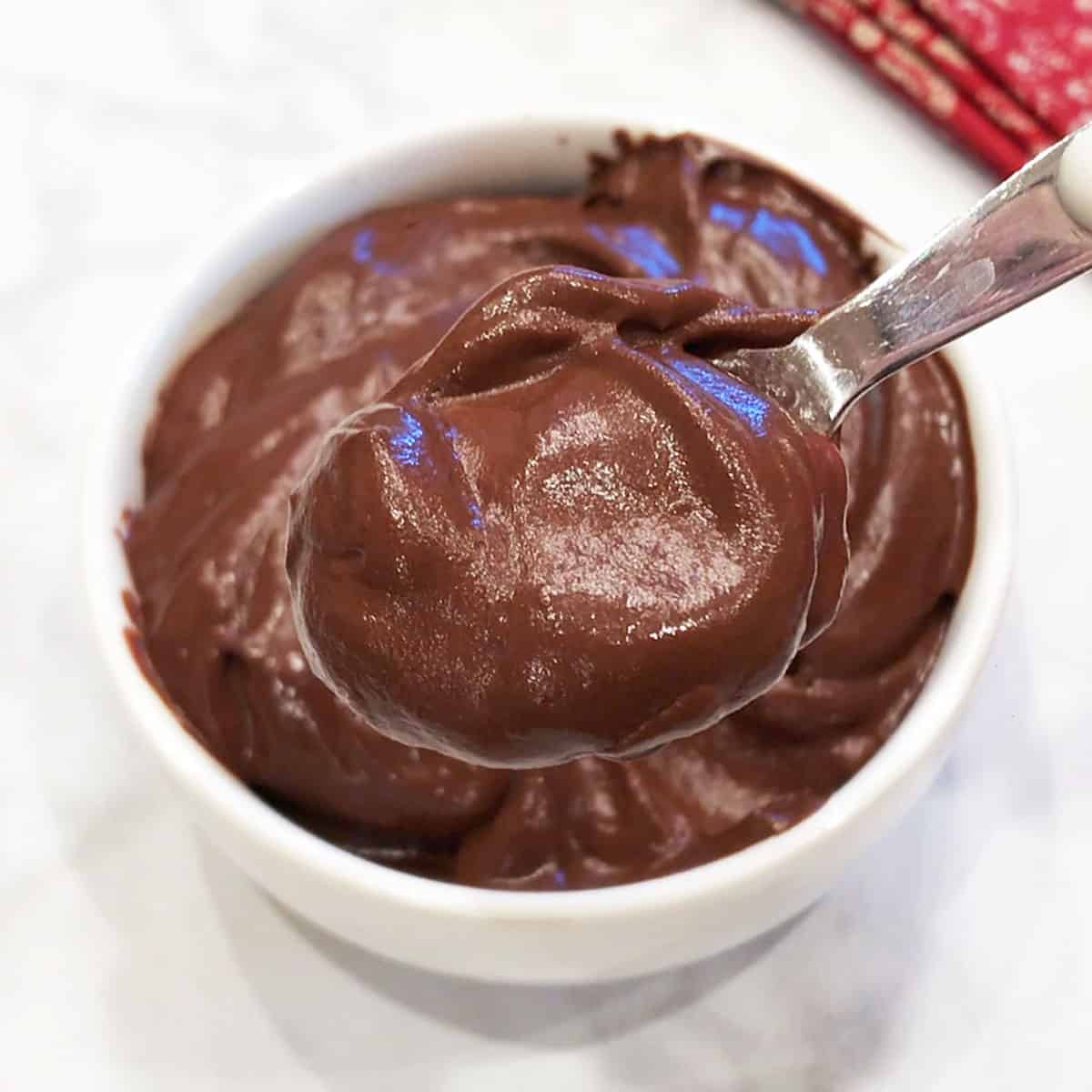 Avocado chocolate mousse is served.