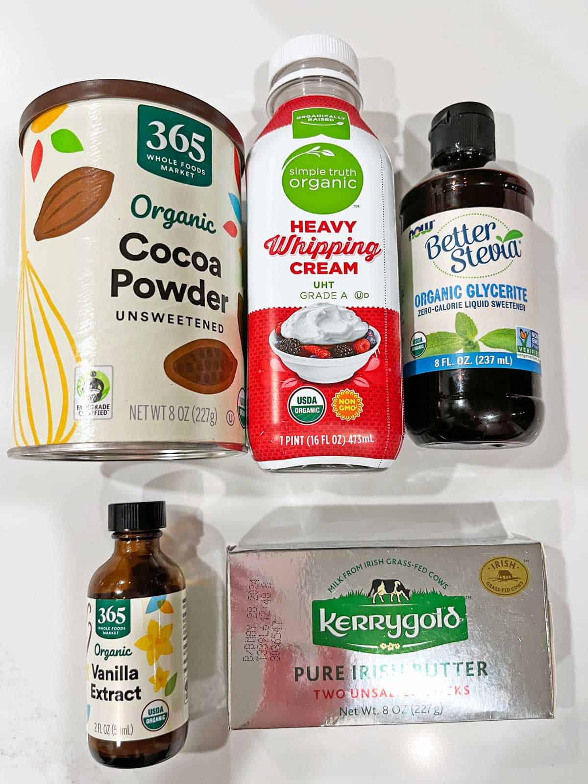 The ingredients needed to make a frosting for keto cupcakes.