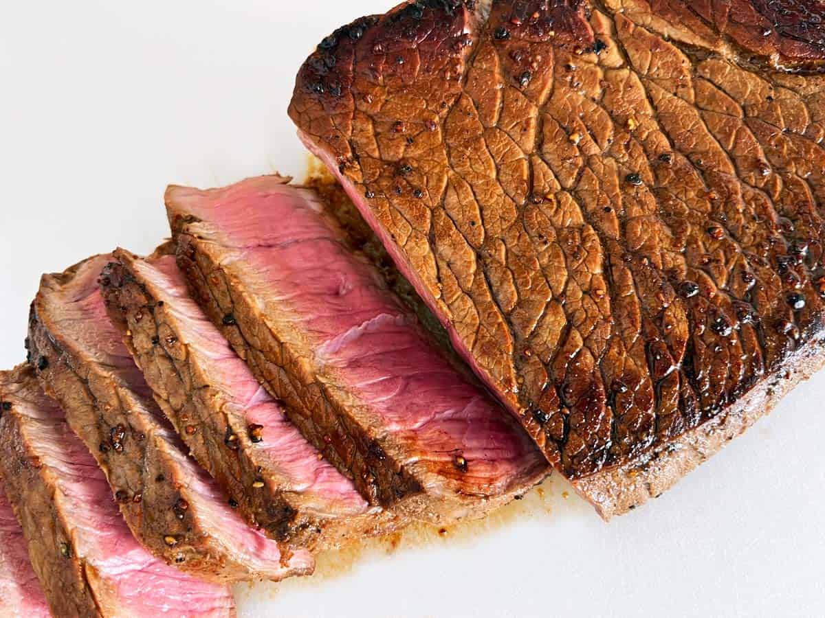 A sliced London broil steak.