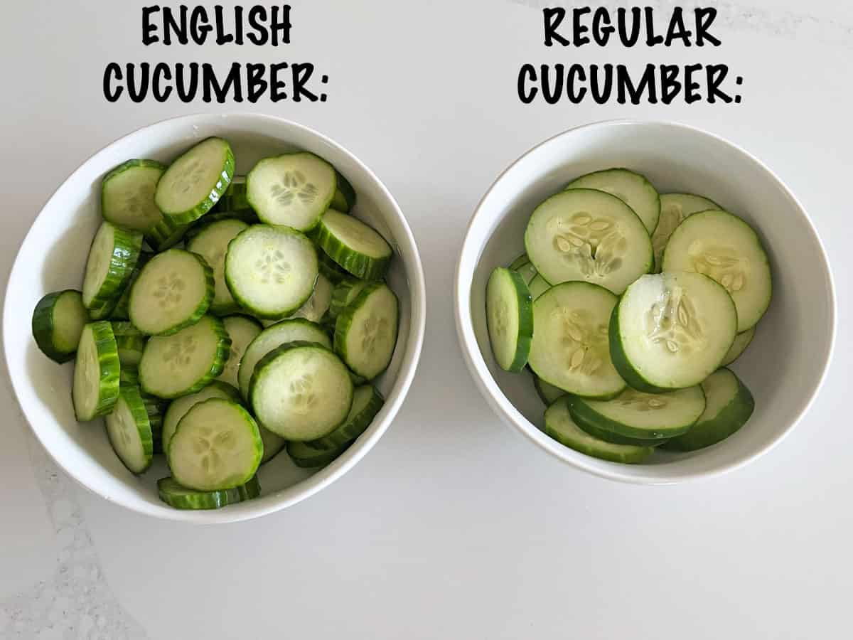 A cucumber vinegar salad made with an English cucumber, and one made with a regular cucumber.