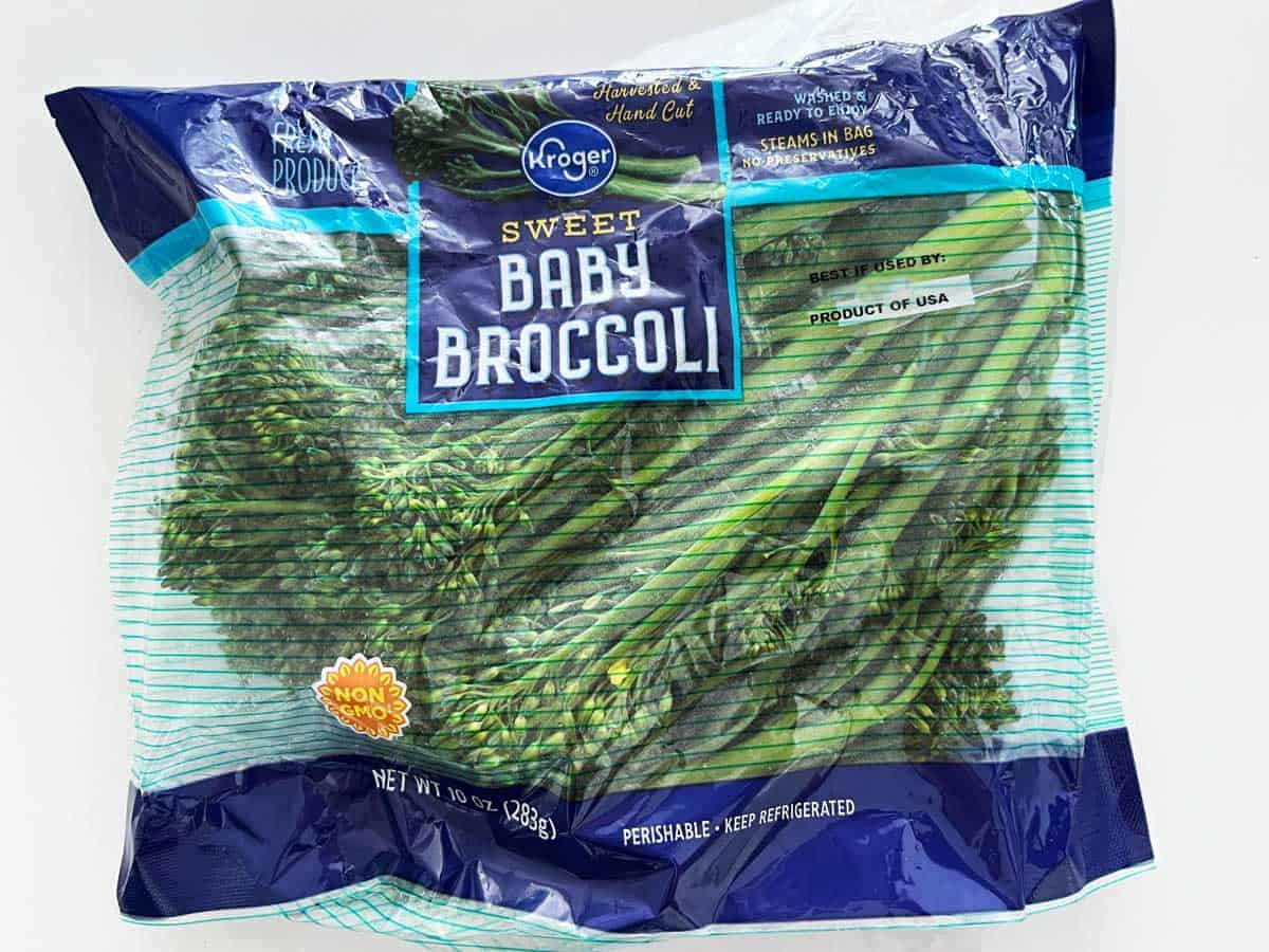 A bag of fresh broccolini.