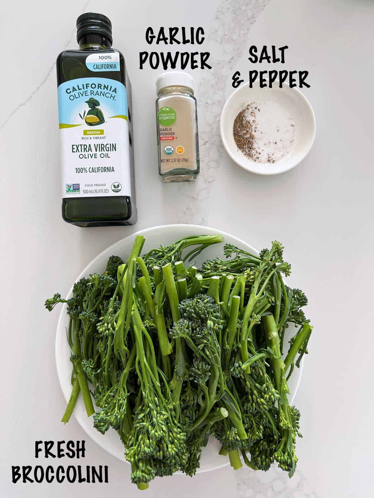 The ingredients needed to make roasted broccolini.