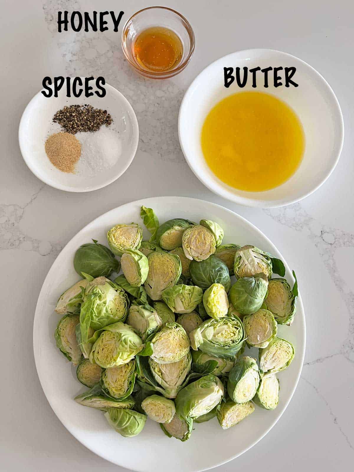 The ingredients needed to roast Brussels sprouts.
