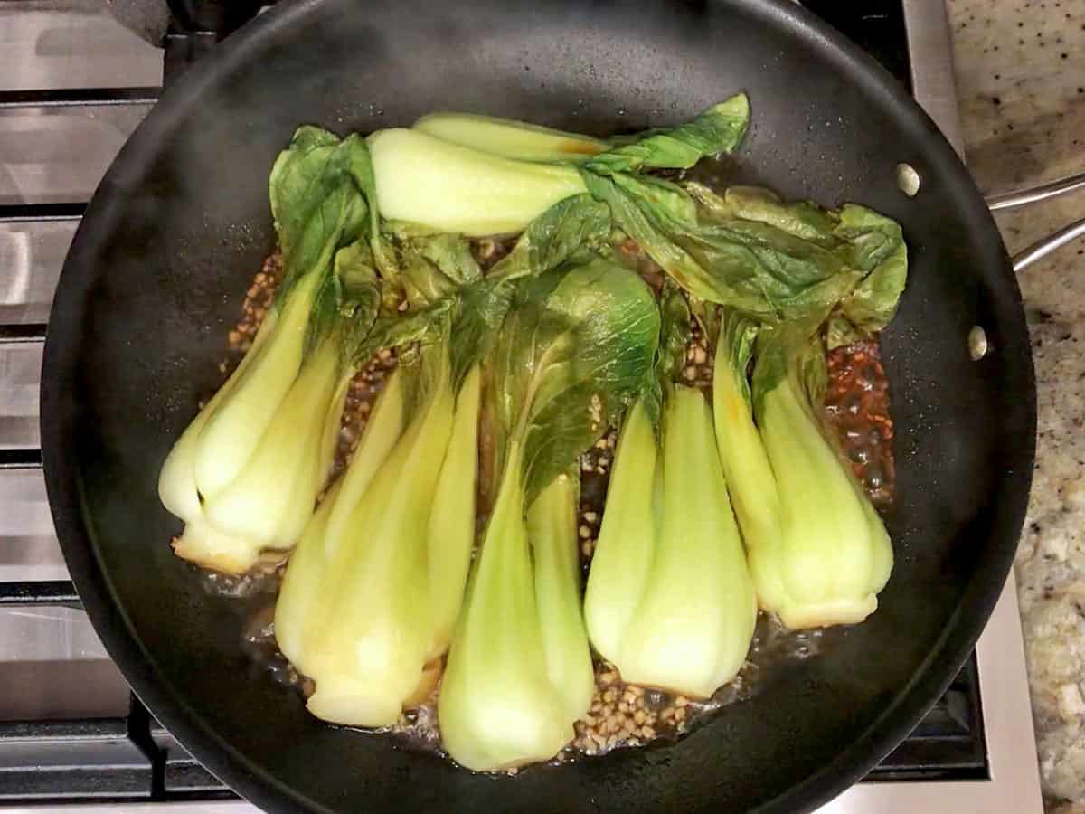 The bok choy is ready in the skillet.
