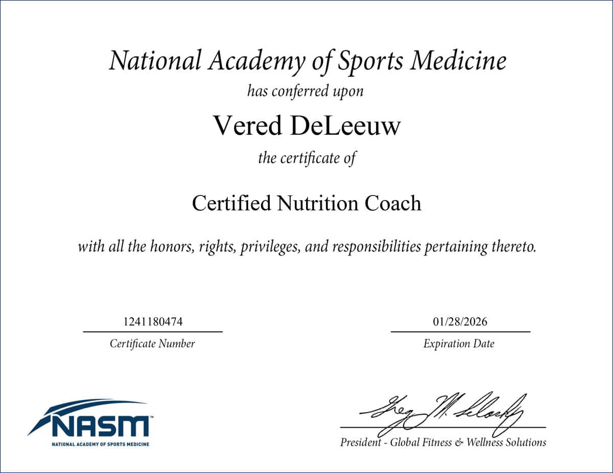 Certified Nutrition Coach certificate awarded to Vered DeLeeuw.