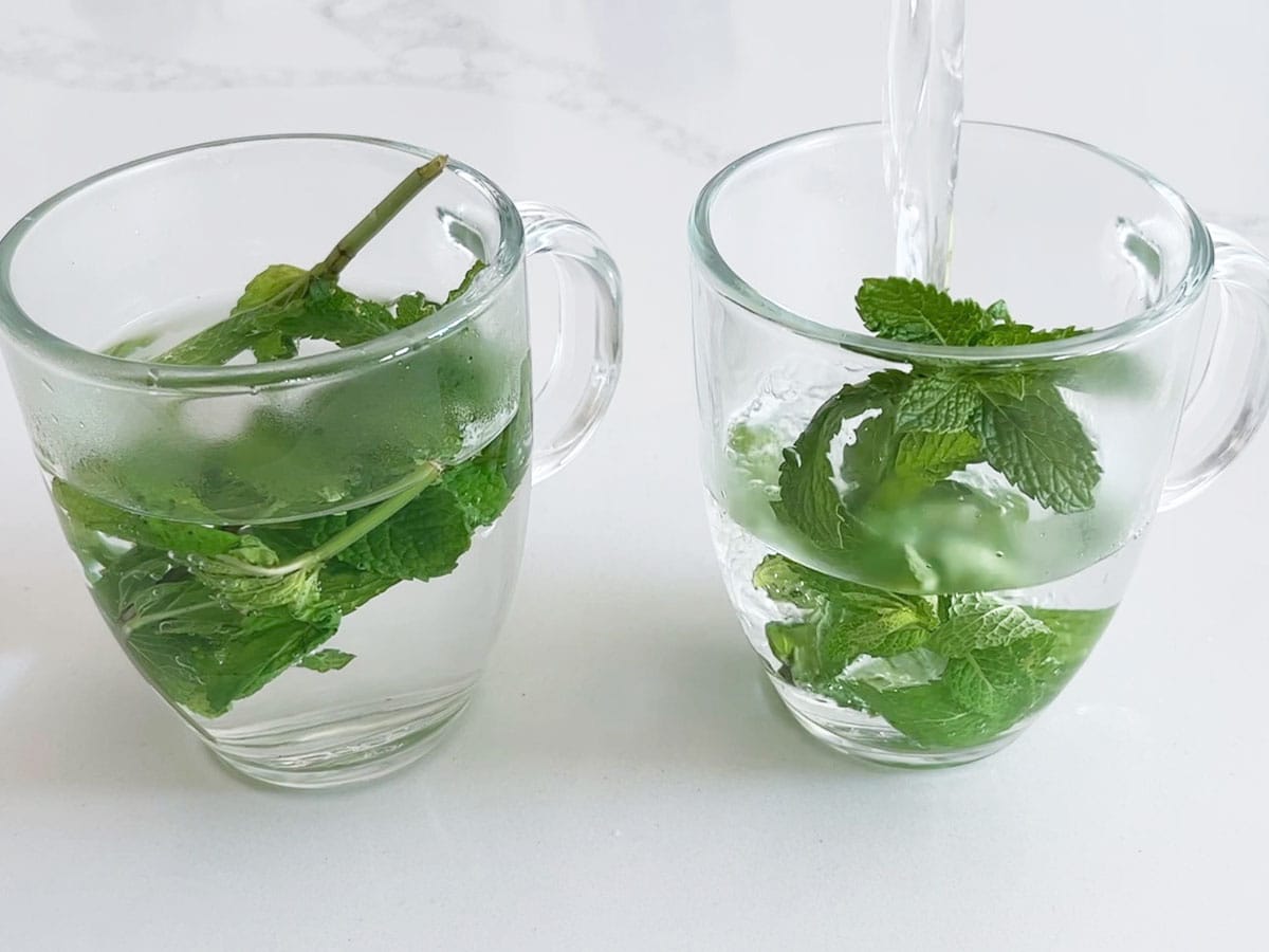 Pouring hot water on mint leaves.