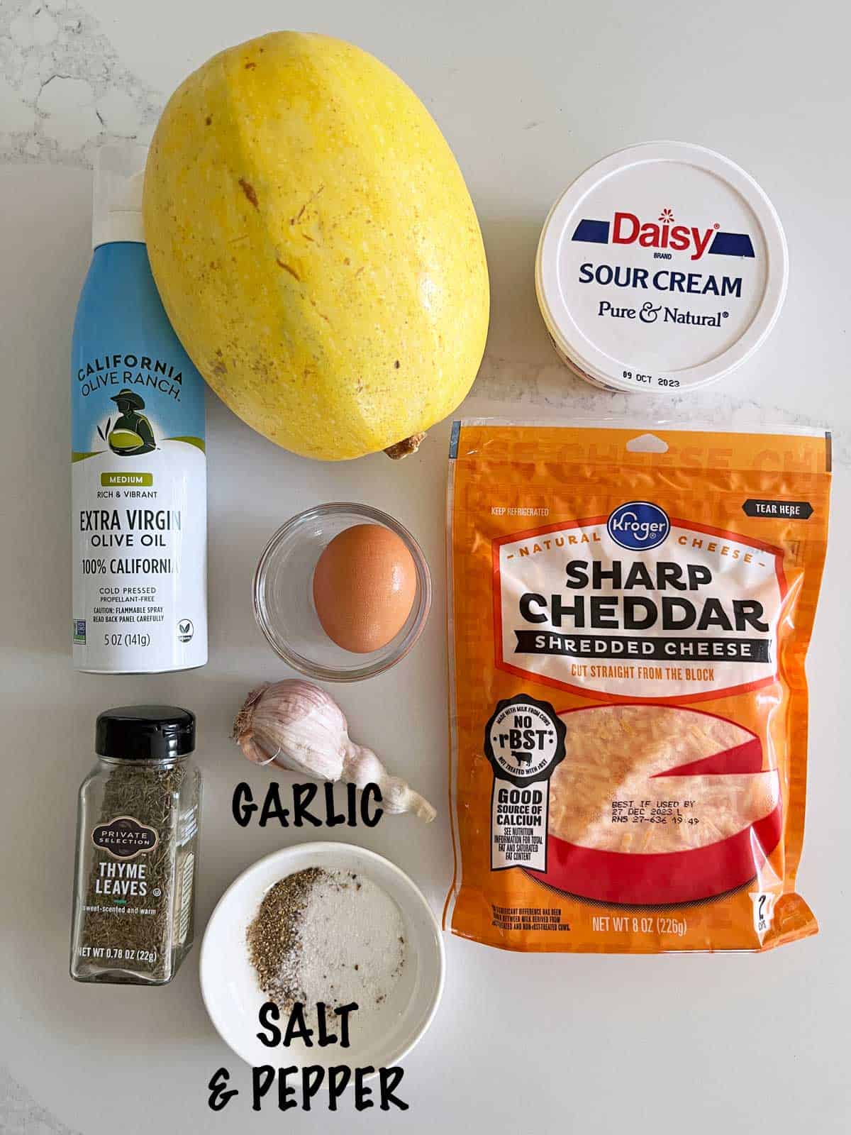 The ingredients needed to make a spaghetti squash casserole.