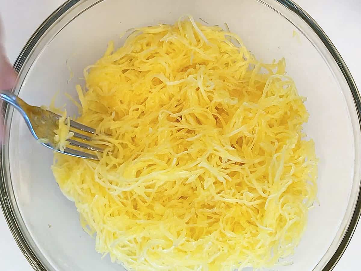 Spaghetti squash strands in a bowl.