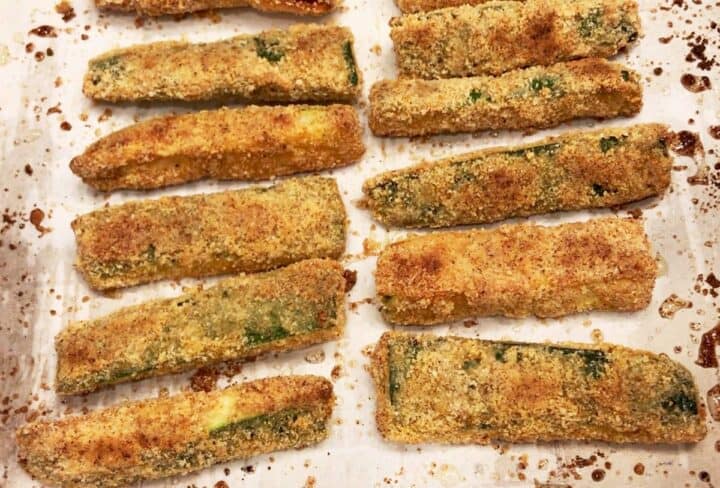 The zucchini fries are ready in the pan.