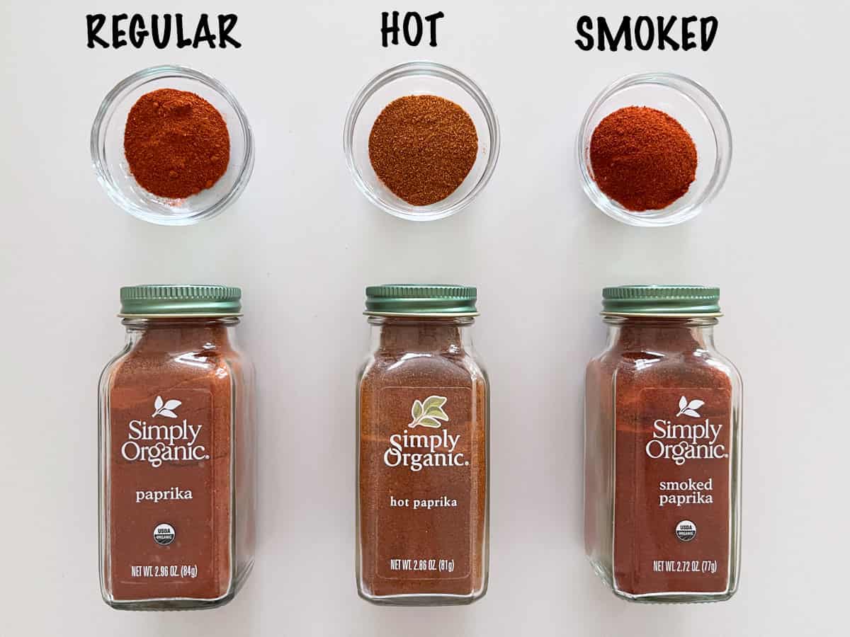 Three types of paprika: regular, hot, and smoked.