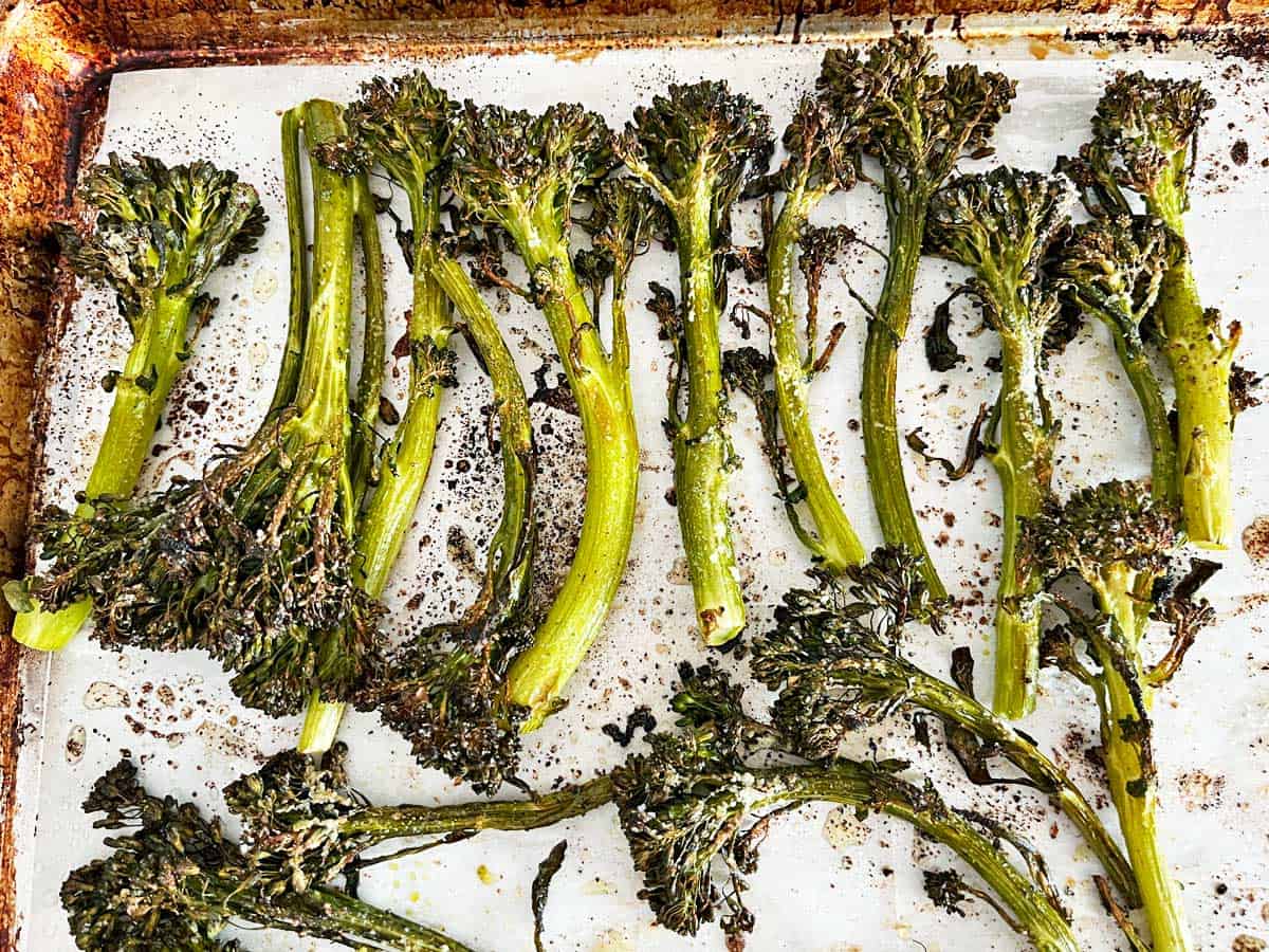 Roasted broccolini is ready in the pan.