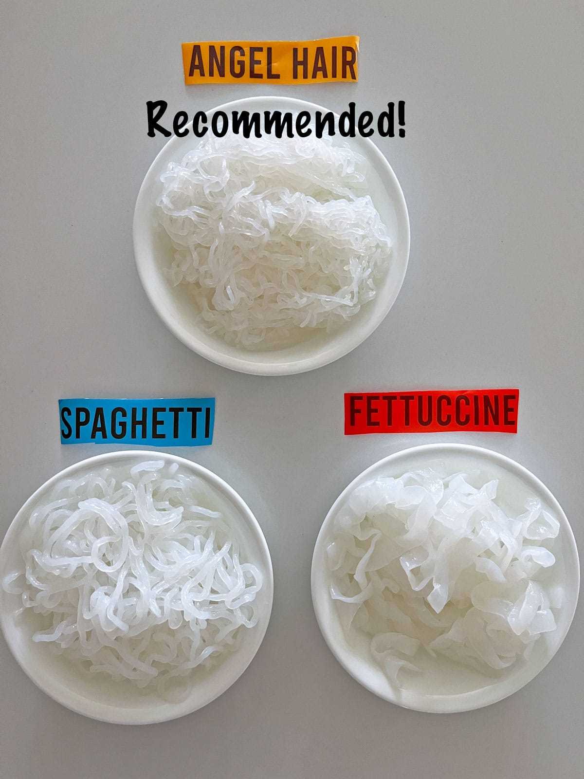 Three shirataki sizes - fettuccine, spaghetti, and angel hair.