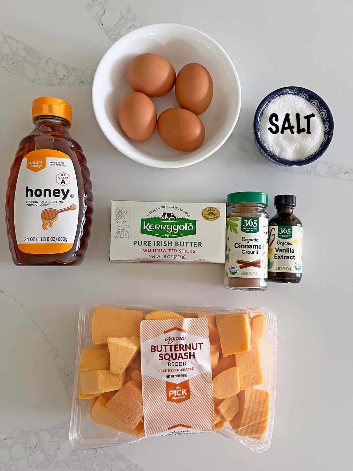 The ingredients needed to make a butternut squash souffle.