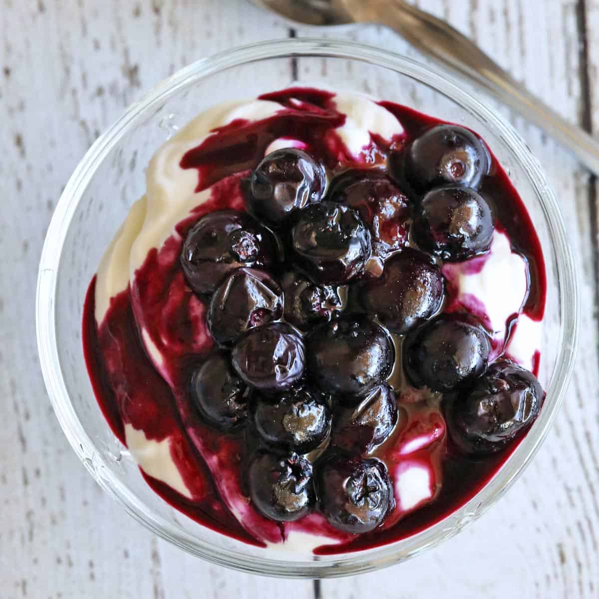 Greek yogurt topped with blueberry compote.