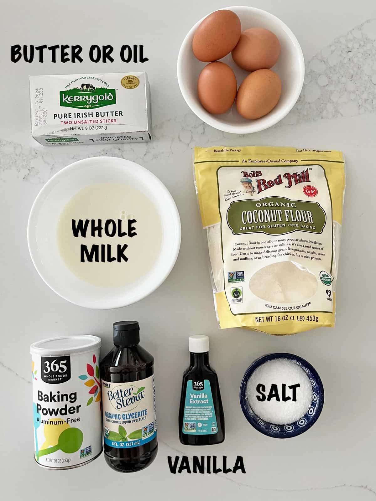 The ingredients needed to make coconut flour pancakes.