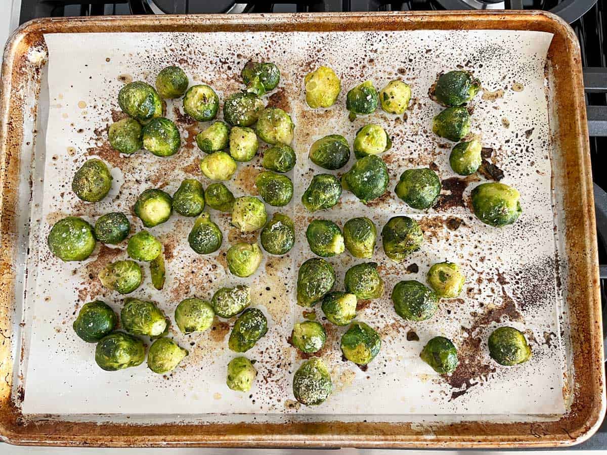Roasted frozen Brussels sprouts after 30 minutes in the oven.