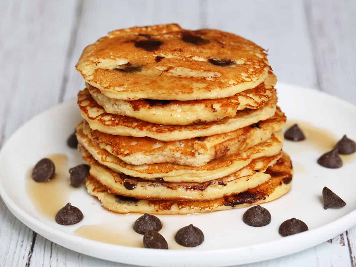 A stack of chocolate chip protein pancakes.