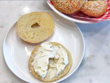 Serving keto bagels with cream cheese.