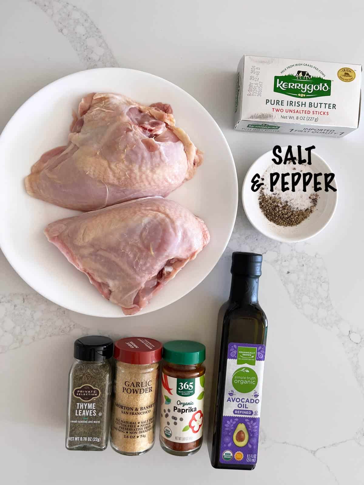 The ingredients needed to cook skin-on chicken breast.