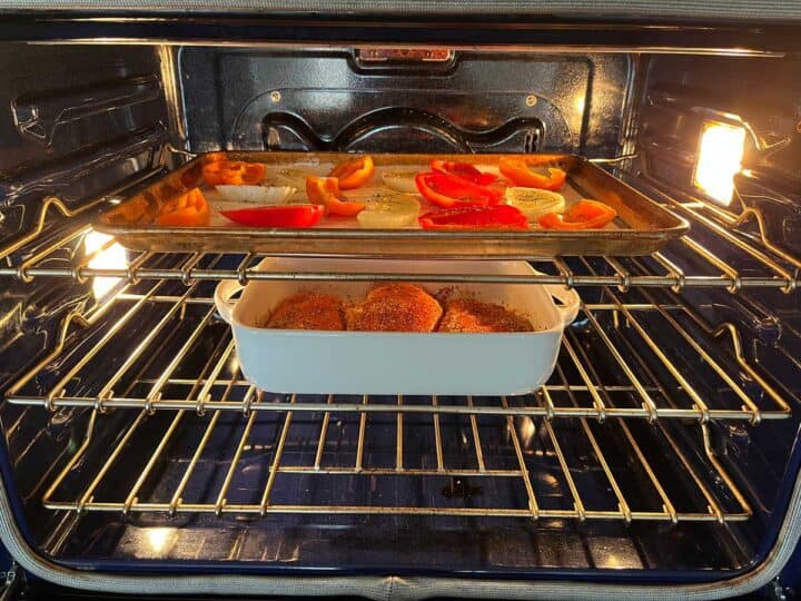 Baking chicken breasts and veggies at the same time.