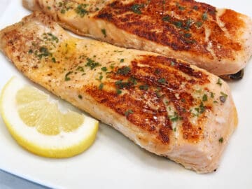 Grilled salmon is served.