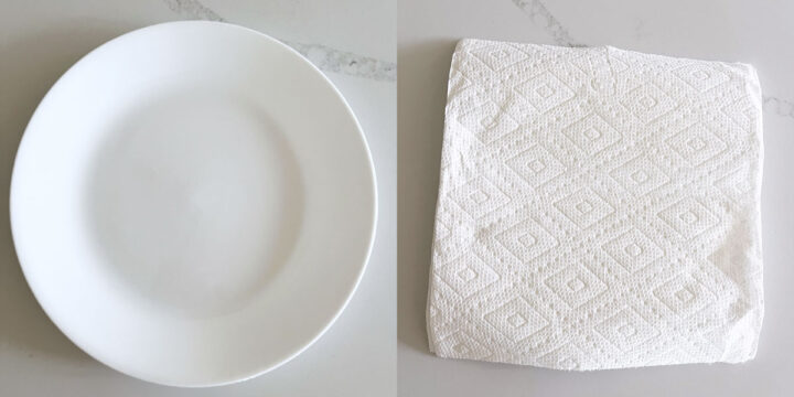 Lining a plate with paper towels.