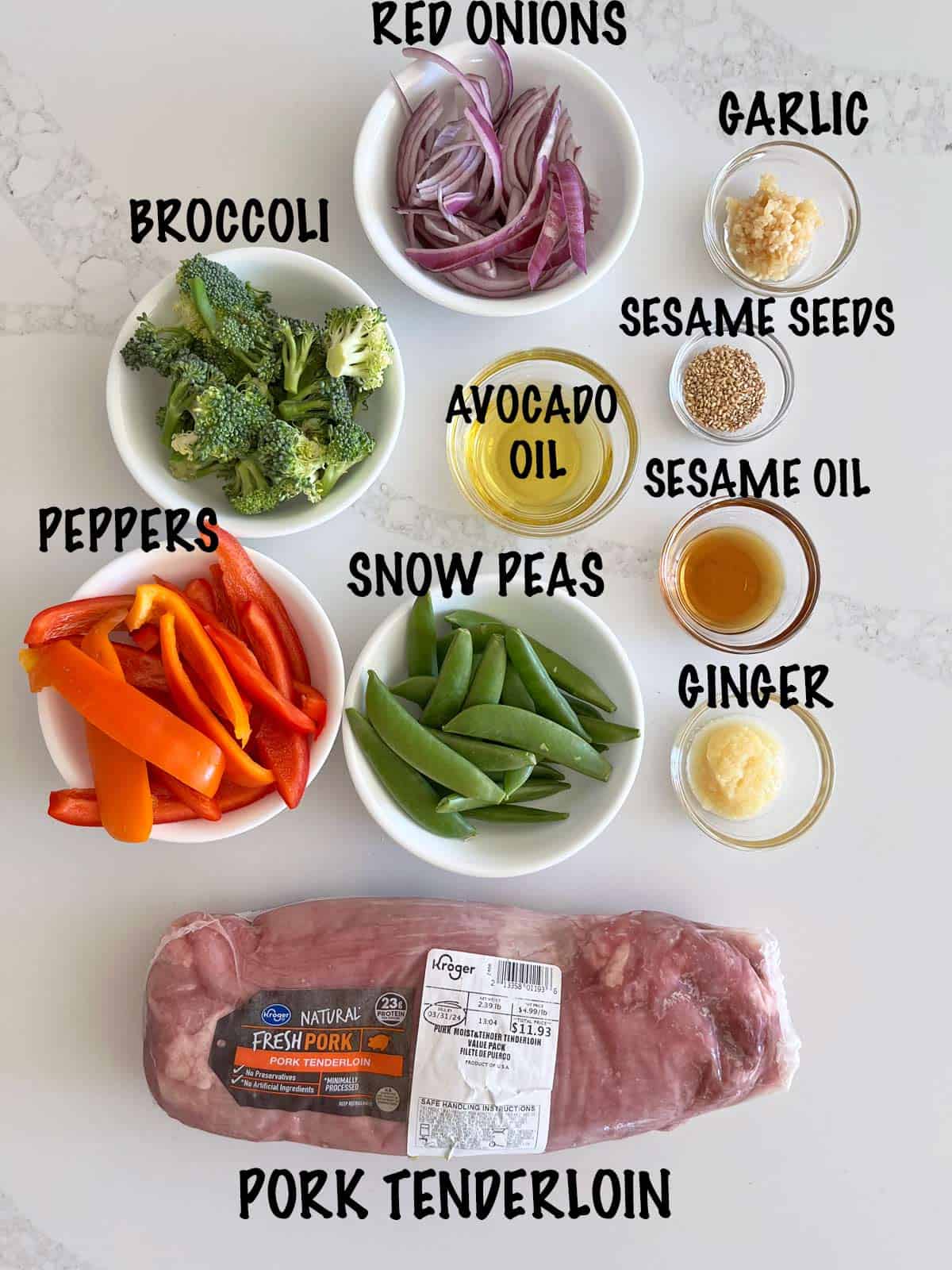 The ingredients needed to make a pork stir-fry.