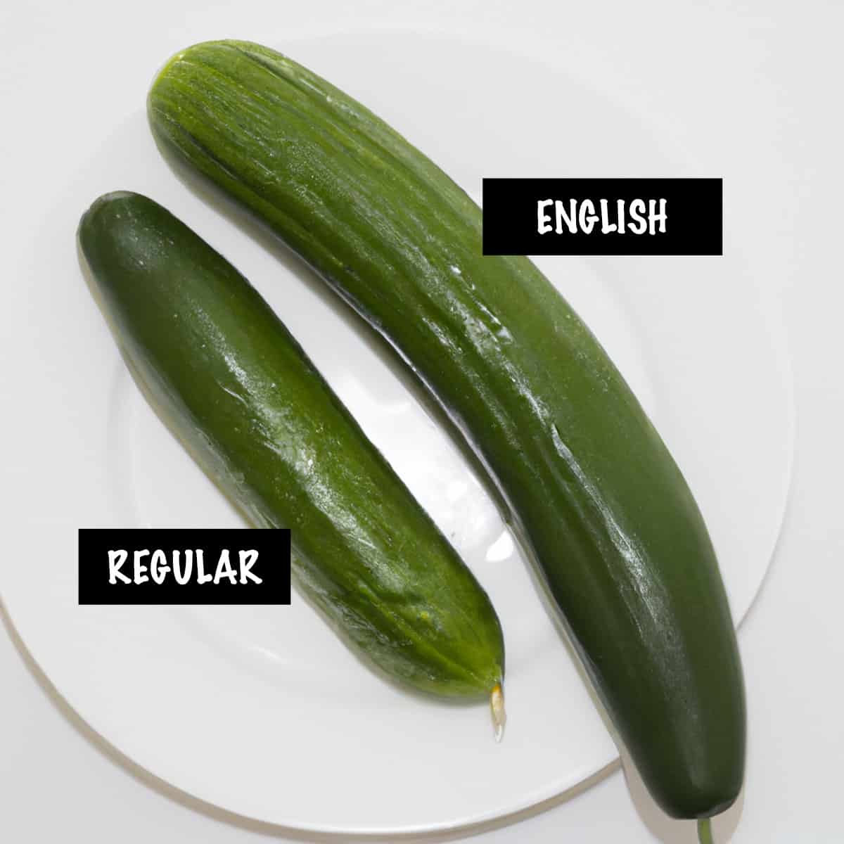 An English cucumber and a regular cucumber on a plate.