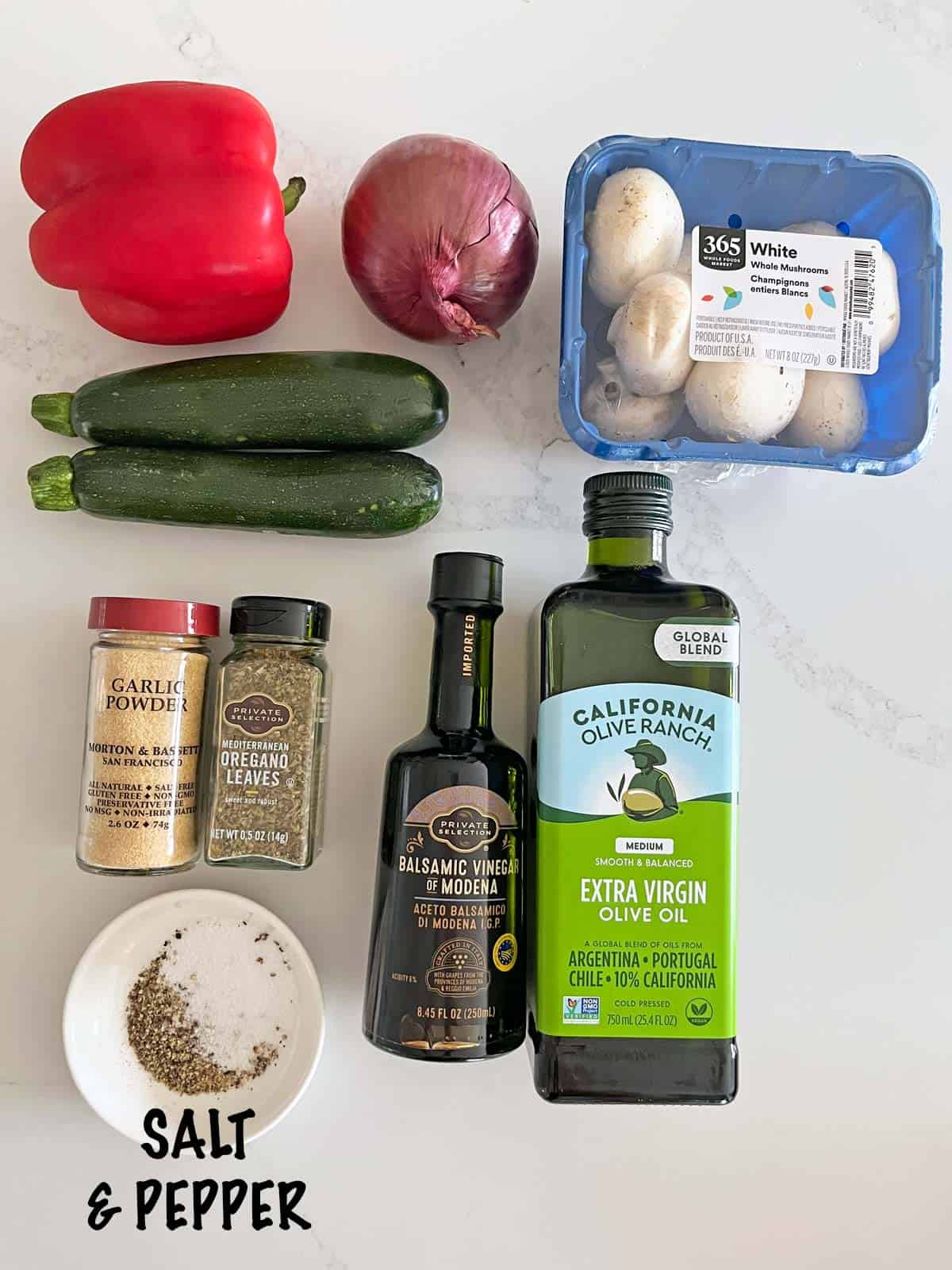 The ingredients needed to make veggie kabobs.
