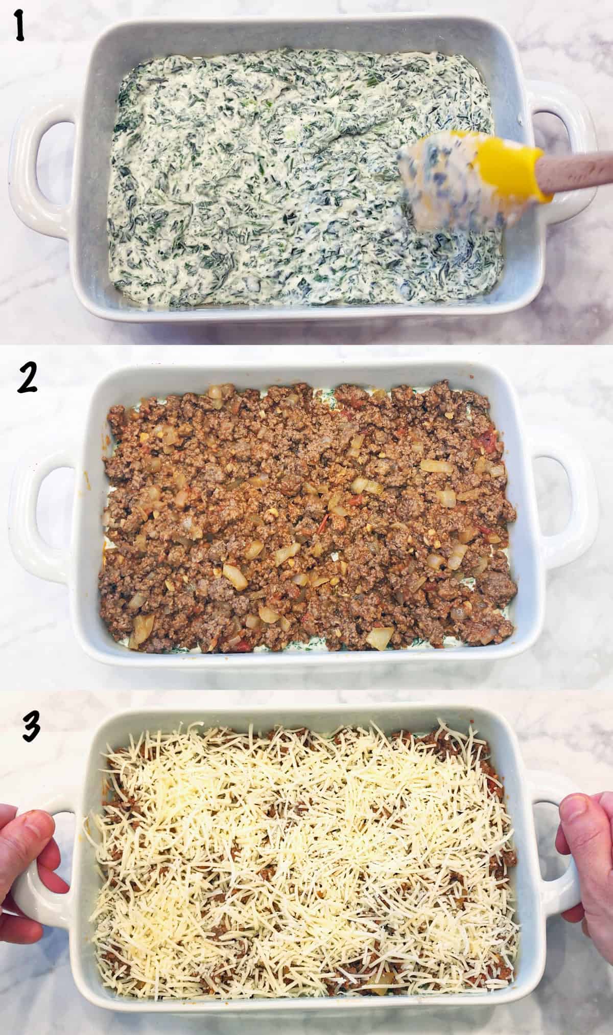 A three-photo collage showing the steps for assembling the lasagna.
