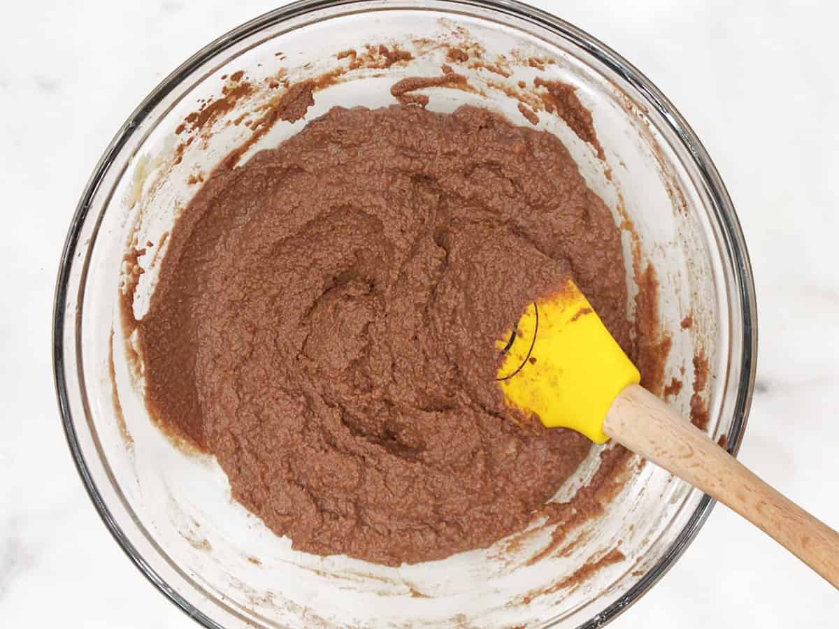 Keto chocolate muffins batter in a bowl.