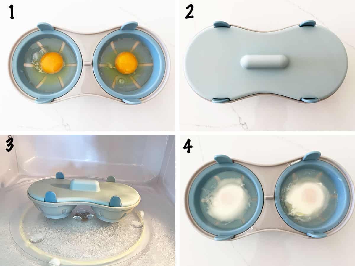 A four-photo collage showing the steps for poaching eggs with a microwave poacher.