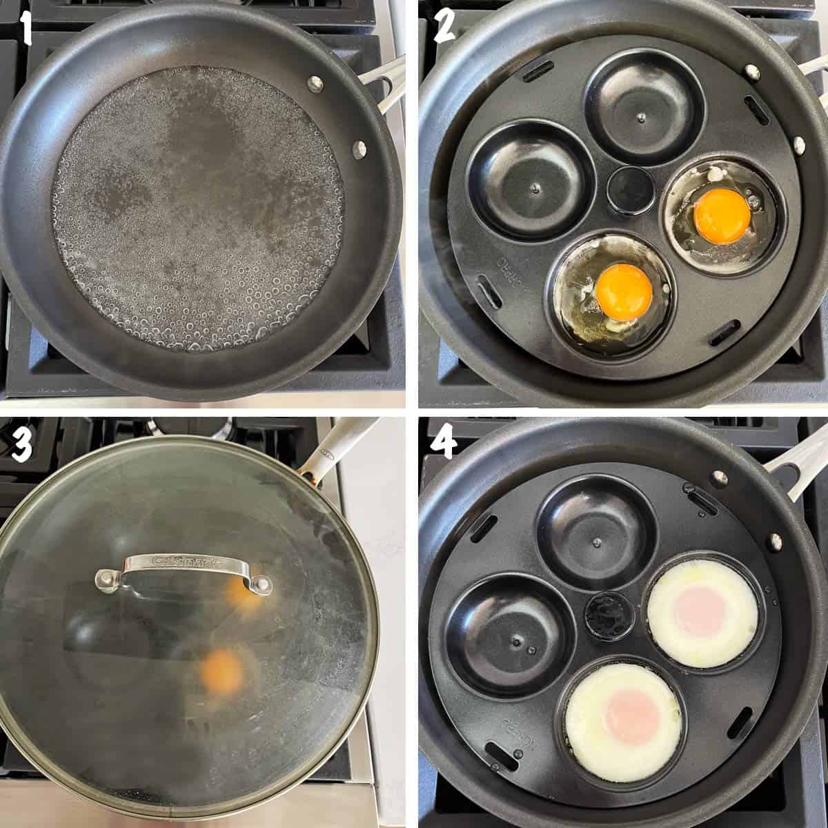 A four-photo collage showing the steps for poaching eggs using a stovetop poacher.