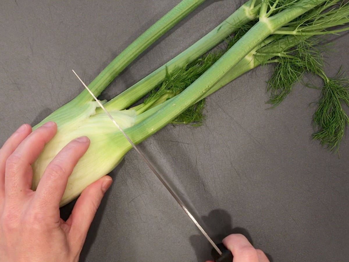 Prepping the fennel: removing the stems.