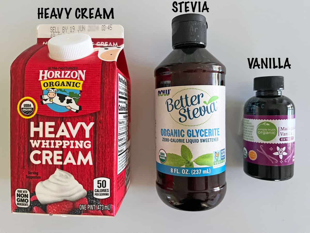 The ingredients needed to make a sugar-free, keto whipped cream.