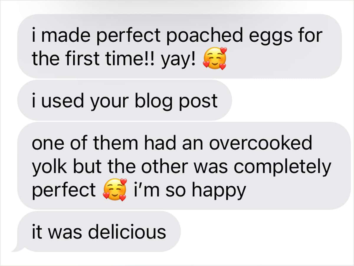 A screenshot of texts discussing making perfect poached eggs.