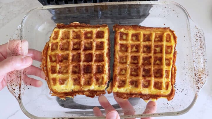 Two chaffles in a baking dish.