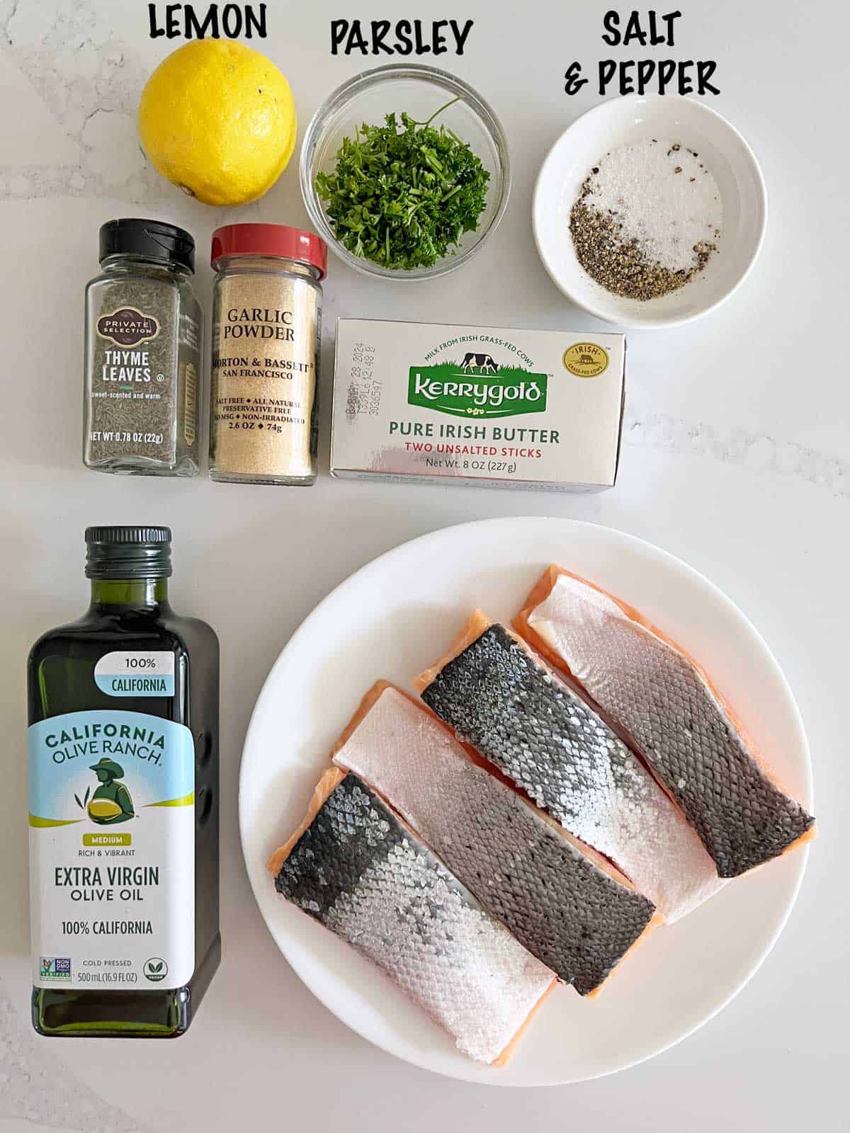 The ingredients needed to make pan-fried salmon.