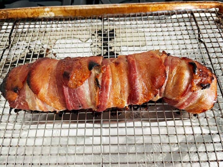 The tenderloin on the roasting rack, fully cooked.