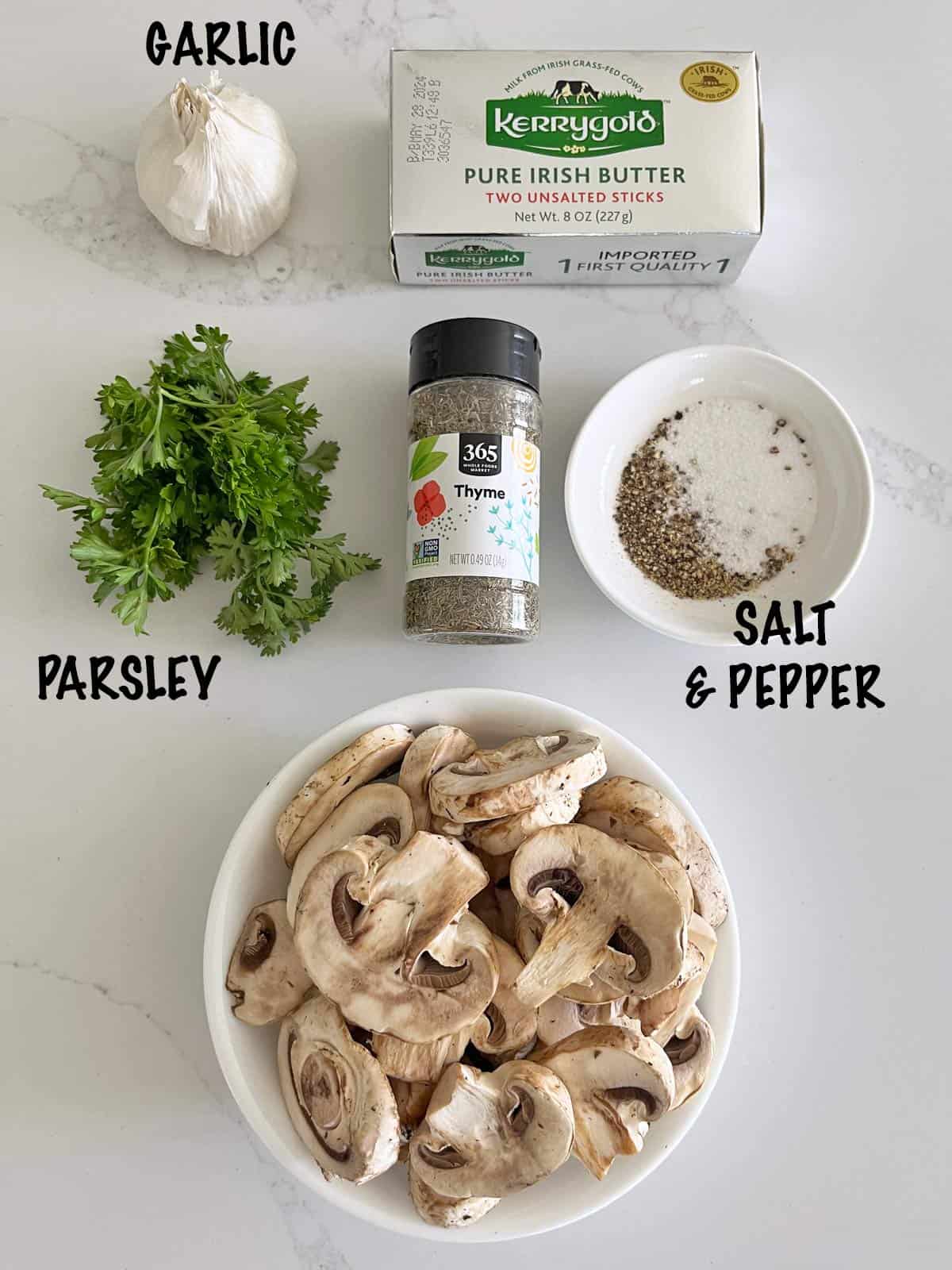The ingredients needed to saute mushrooms.