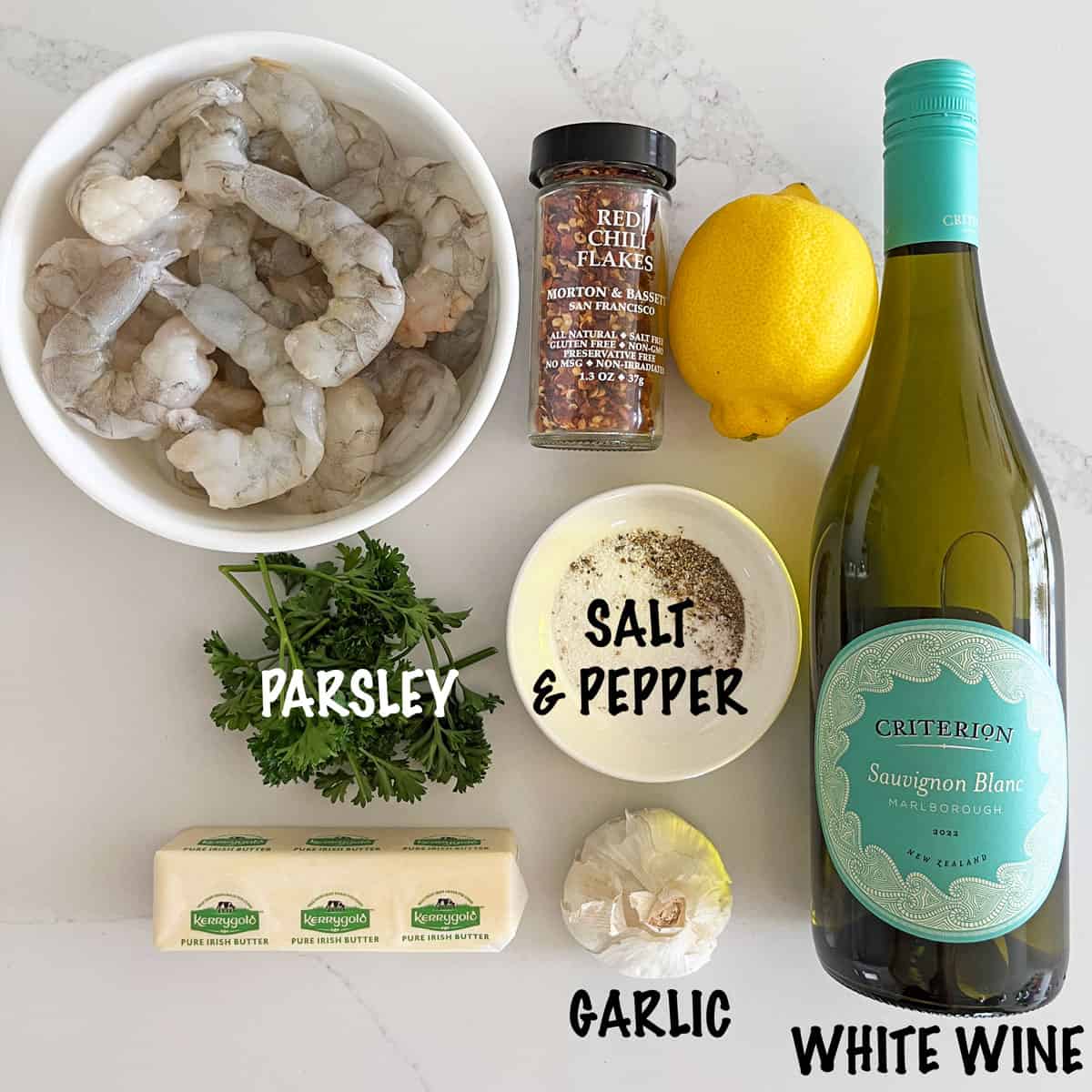 The ingredients needed to make shrimp scampi.